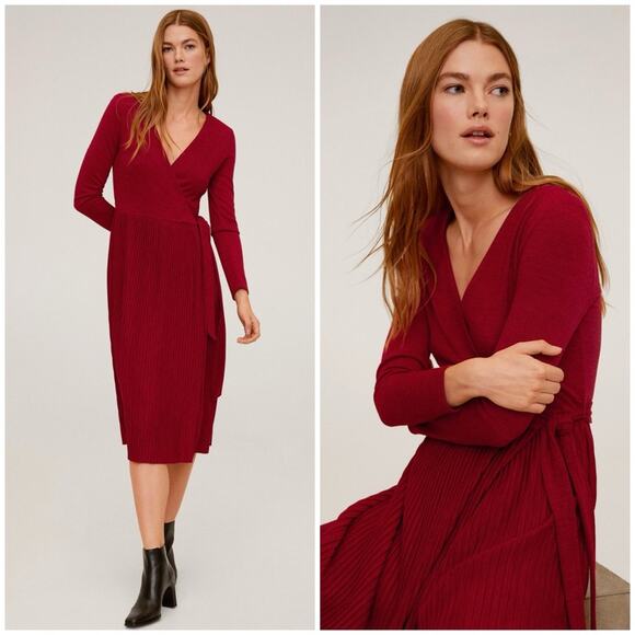 NEW Mango Deep Red Sweater Wrap Midi Dress - Picture 2 of 5